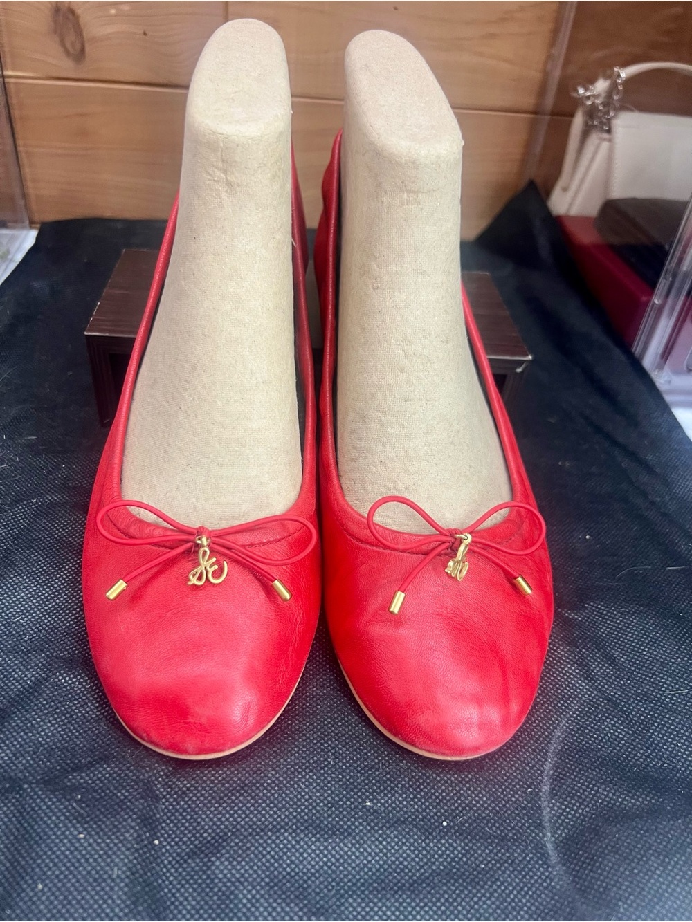 Sam Edelman Red Leather Bow Ballet Flats with Gold Accents